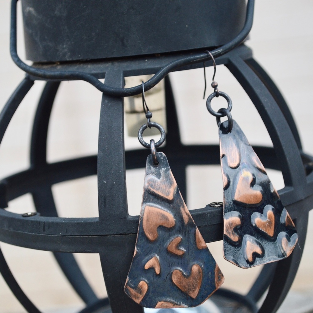 Heart Hearts Solid Copper Embossed Patina Earrings Raw Rustic Gift Boho Handmade - Picture 3 of 4
